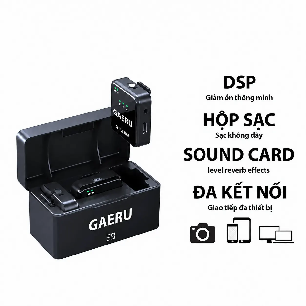 GAERU G1 ULTRA với hộp sạc, micro cài áo và bộ thu
