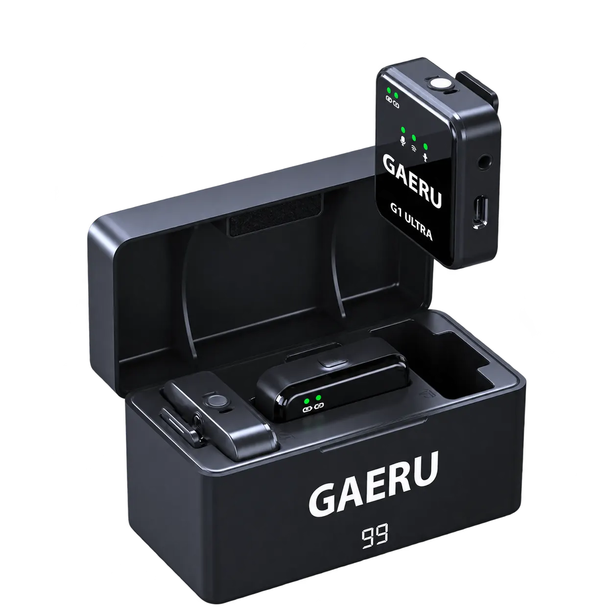 Bộ micro GAERU G1 ULTRA cùng hộp sạc — ảnh do GAERU cung cấp