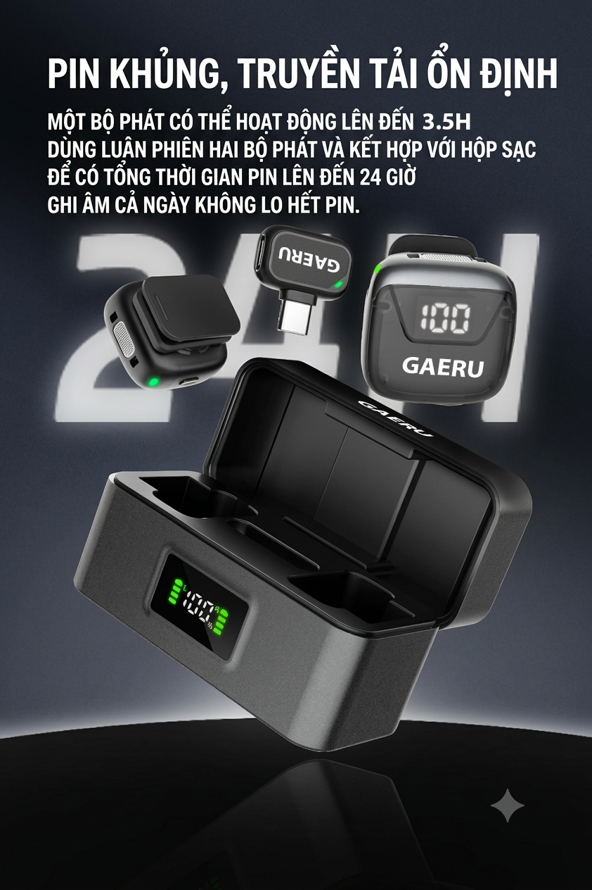 Một bộ phát lên đến 3,5 giờ, tổng thời lượng cùng hộp sạc lên đến 24 giờ
