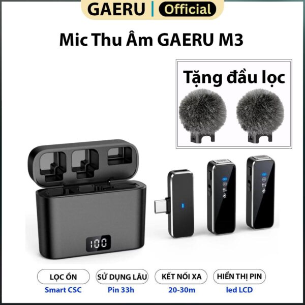 Mic Thu Âm Không Dây Cài Áo GAERU M3 Cao Cấp - Hộp Sạc, Kết Nối Tự Động, Giảm Tiếng Ồn Mạnh Mẽ